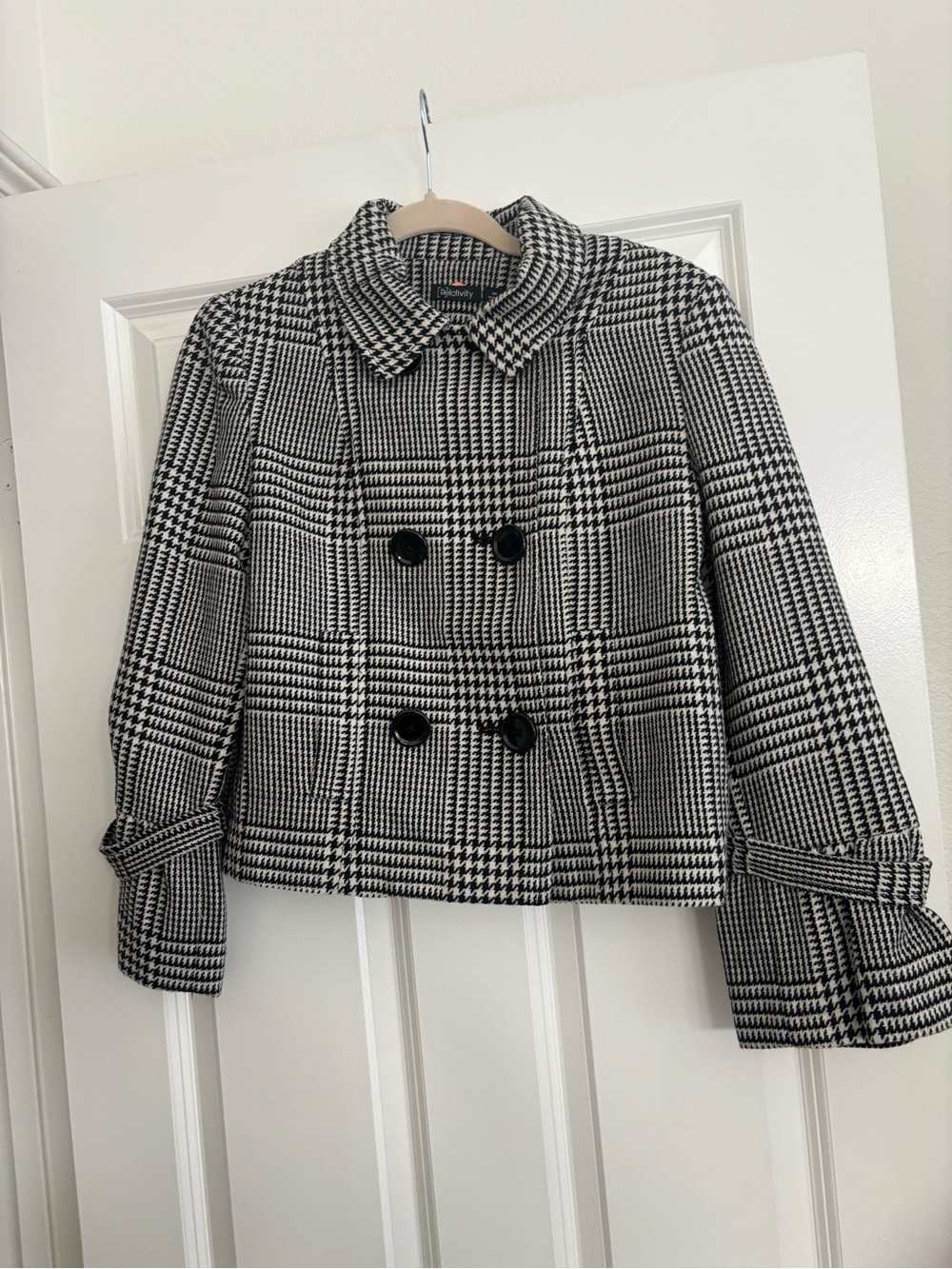 Relativity Black & White Plaid Double-Breasted Cropped Pea Coat